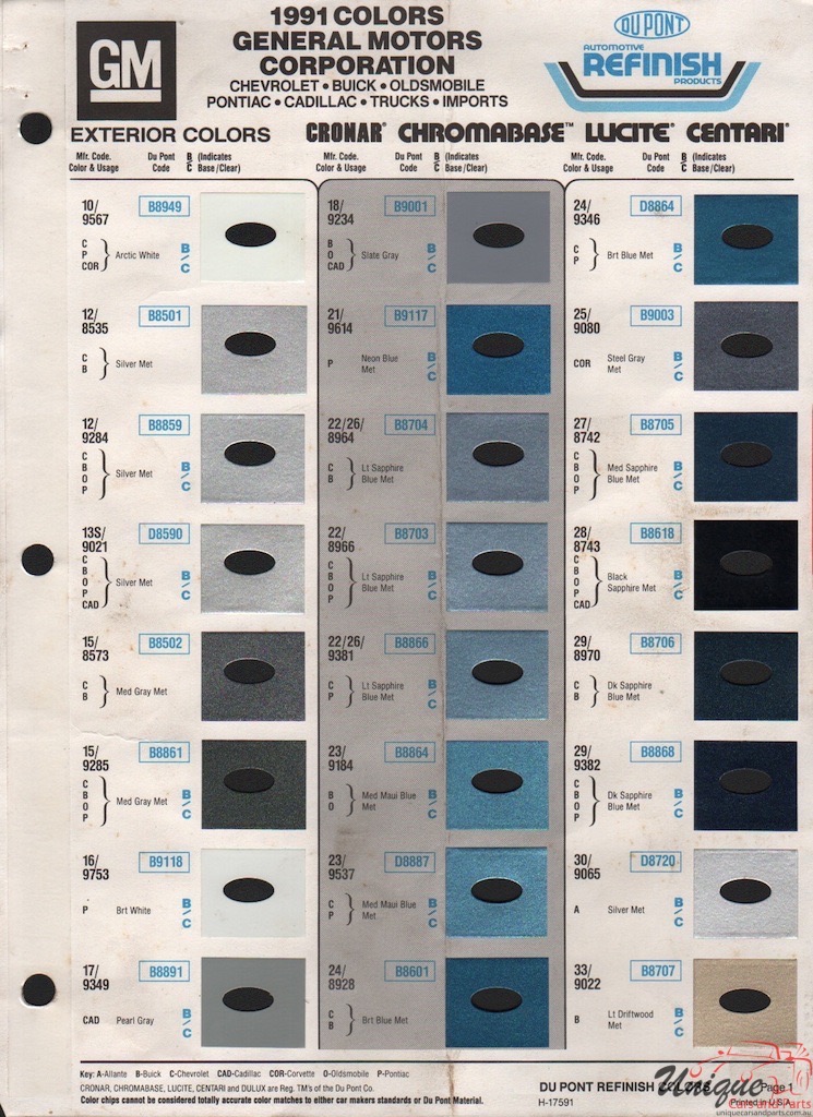 1991 General Motors Paint Charts DuPont 1